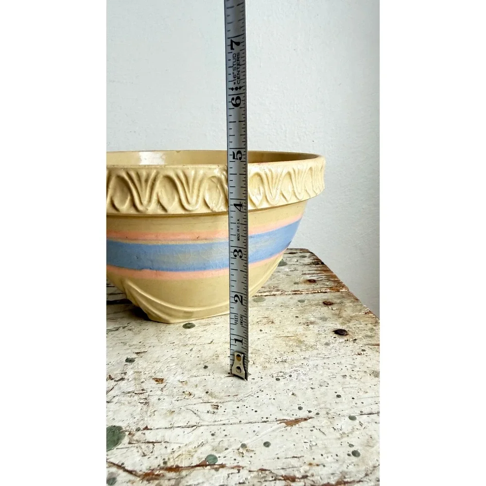 Vintage USA Yellowware Mixing Bowl Set Pastel Blue Pink Stripes 2pc
